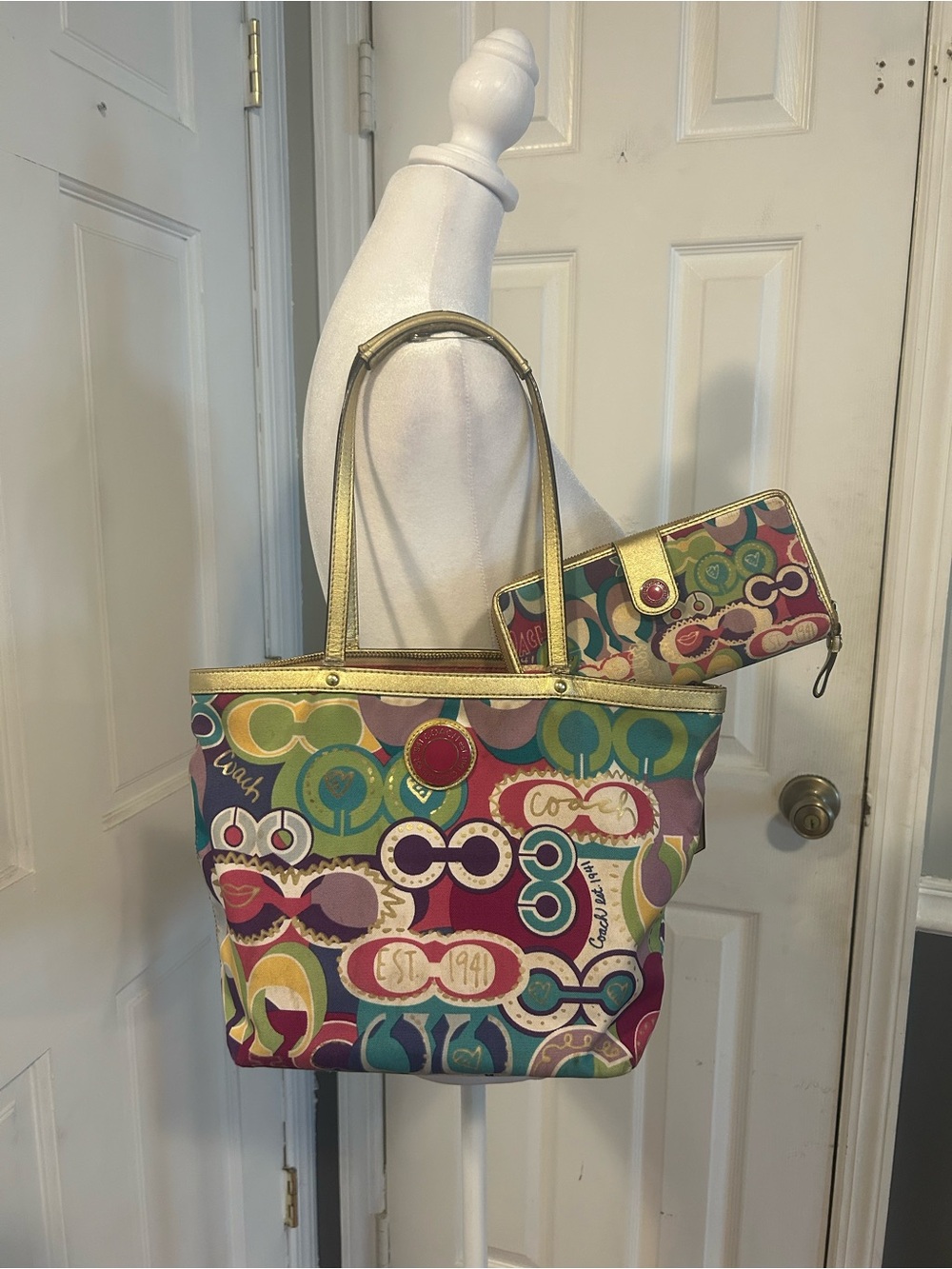 Coach Poppy Multicolor Signature Canvas Tote with Gold Trim and Matching Wallet